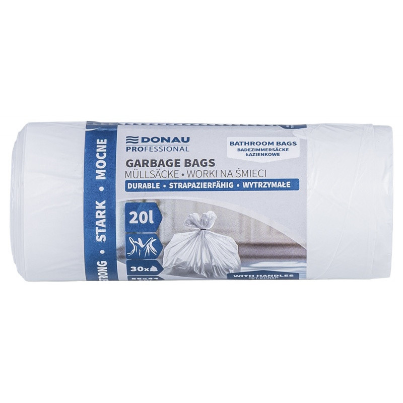 Worki na śmieci DONAU PROFESSIONAL, wytrzymałe, mocne, łazienkowe, z uszami, 20l, 30 szt., białe