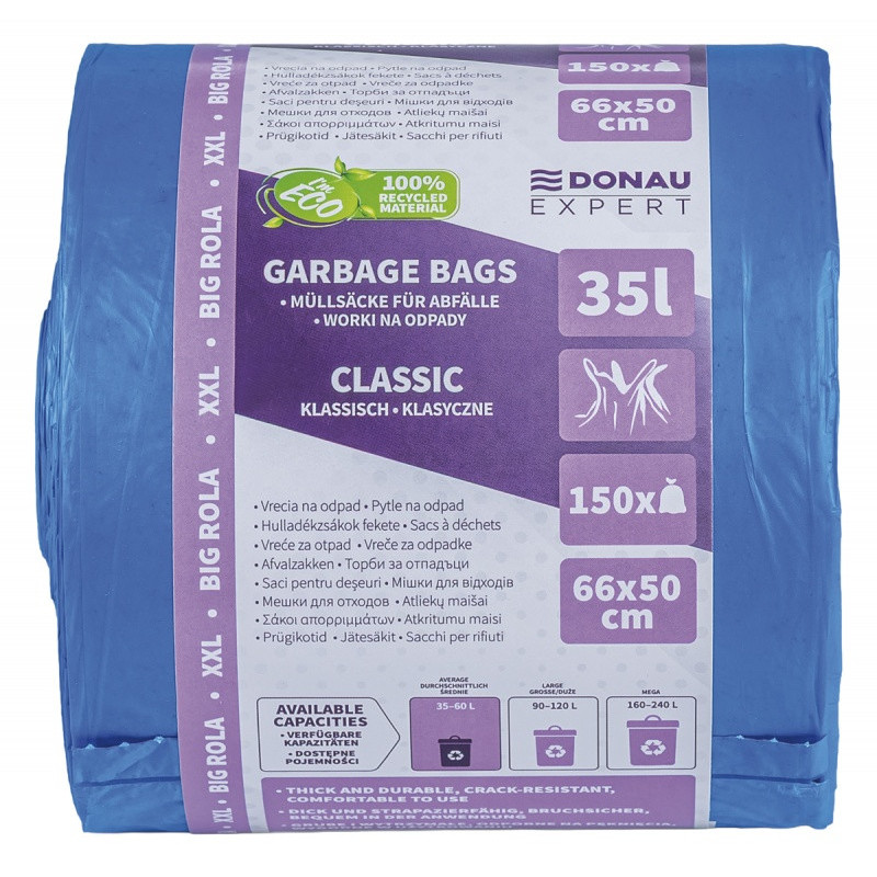 Worki na odpady DONAU EXPERT, klasyczne, Big Rola XXL, z uszami, 35l, 150 szt., niebieskie