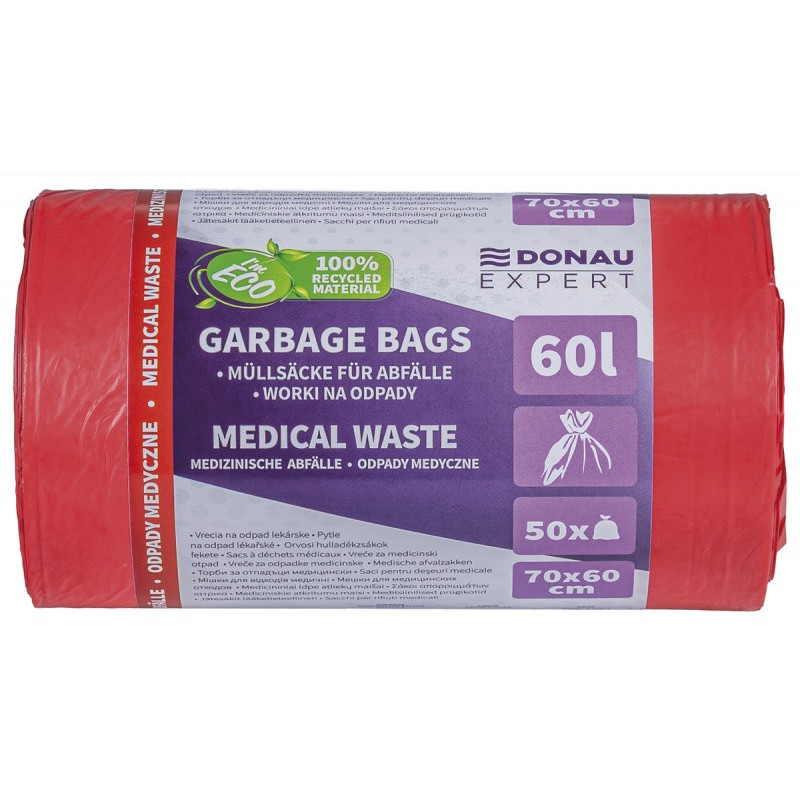 Worki na odpady medyczne DONAU EXPERT, LDPE, 60l, 50 szt., czerwone