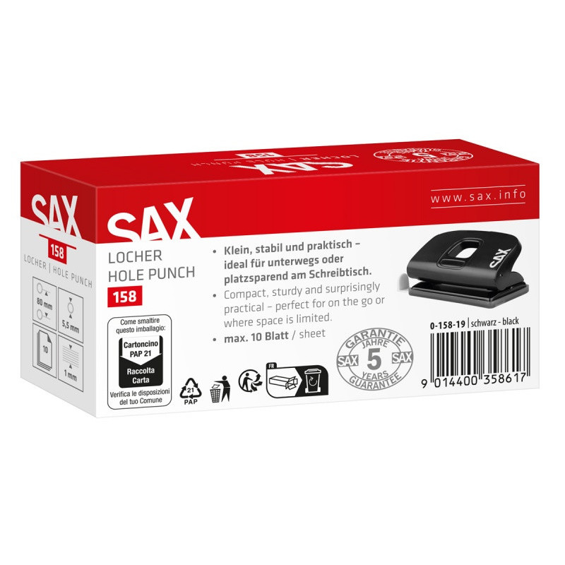 Dziurkacz SAX 158 EasyPro XS, dziurkuje do 10 kartek, czarny