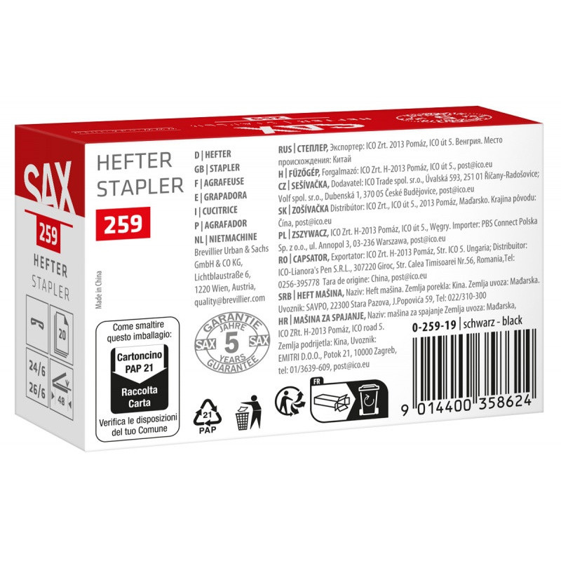 Zszywacz SAX 259 EasyPro S, zszywa do 20 kartek, 24/6, 26/6, czarny