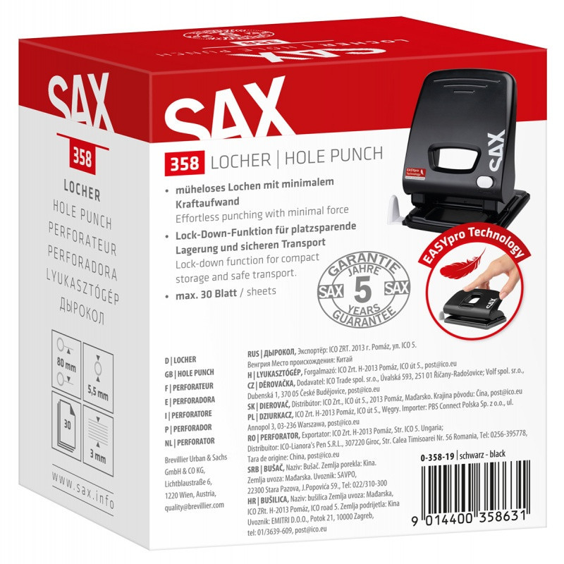 Dziurkacz SAX 358 EasyPro M, dziurkuje do 30 kartek, czarny