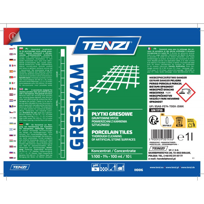 Płyn do czyszczenia płytek z kamienia sztucznego TENZI, Greskam, 1l