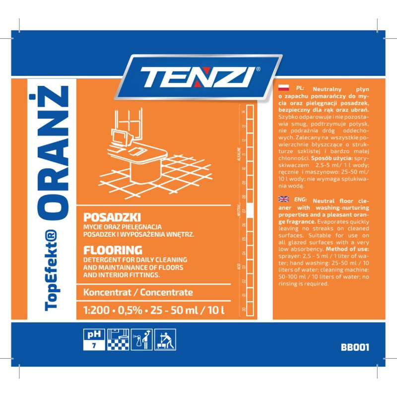Neutralny płyn do mycia posadzek TENZI, Topefekt, zapach pomarańczy, Oranż, 10l