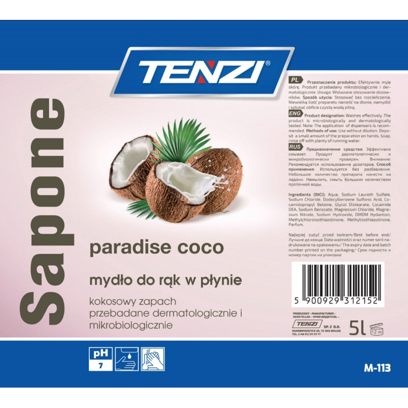 Mydło w płynie TENZI, zapach kokosowy, Sapone Paradise Coco, 5l