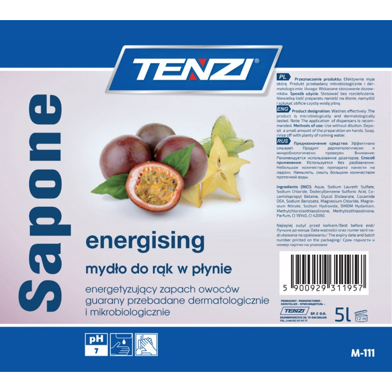 Mydło w płynie TENZI, zapach guarany, Sapone Energizing, 5l