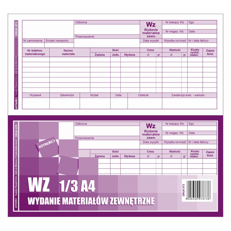 Druk WZ Wydanie materiałów zewnętrzne EMEKO (Druk 873), 1/3 A4, wielokopia