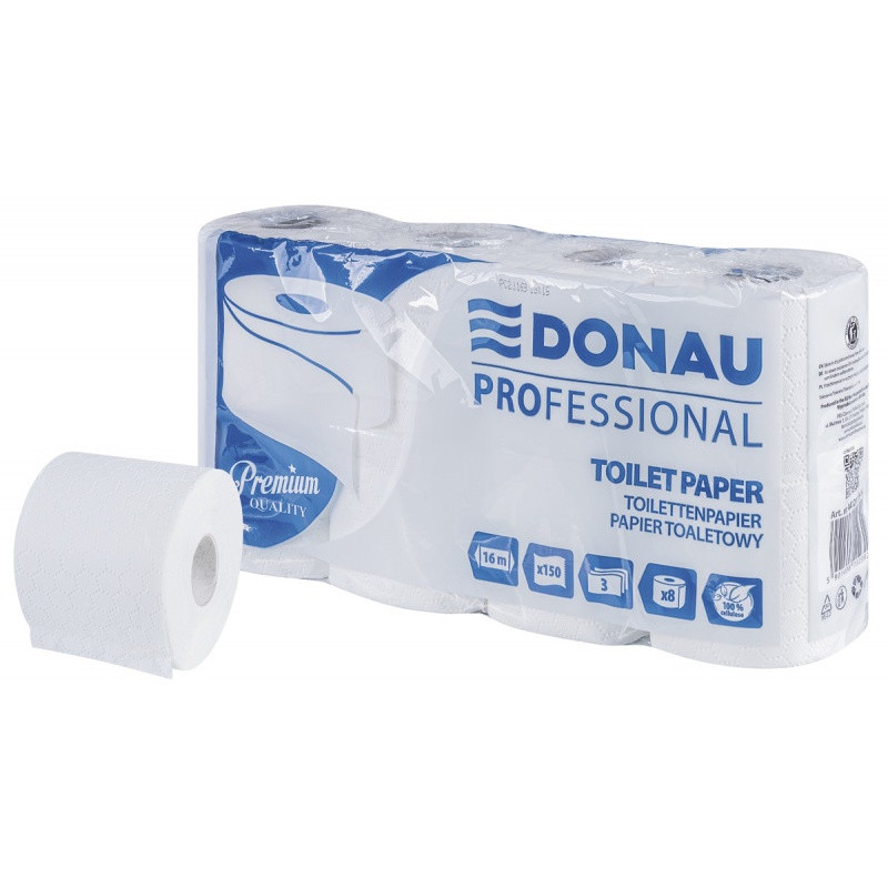 Papier toaletowy celulozowy DONAU PROFESSIONAL, 3-warstwowy, 150 listków, 8szt., biały