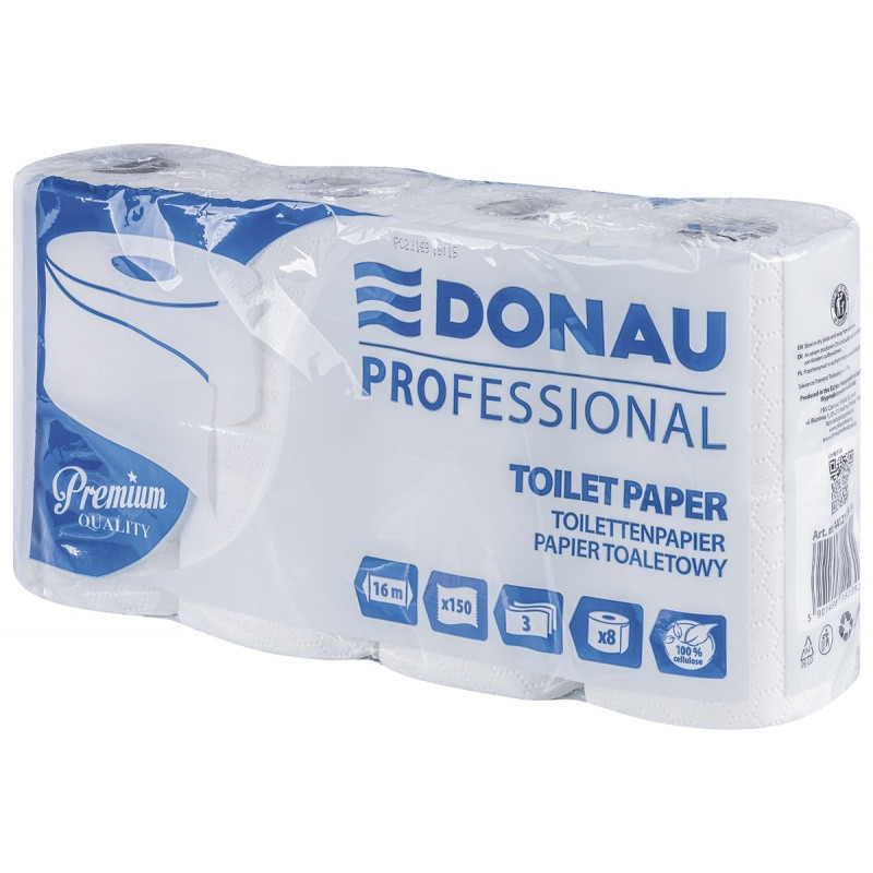 Papier toaletowy celulozowy DONAU PROFESSIONAL, 3-warstwowy, 150 listków, 8szt., biały
