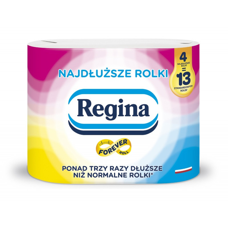 Papier toaletowy REGINA Najdłuższe Rolki, 2-warstwowy, 47m, 430 listków, 4 rolki, biały