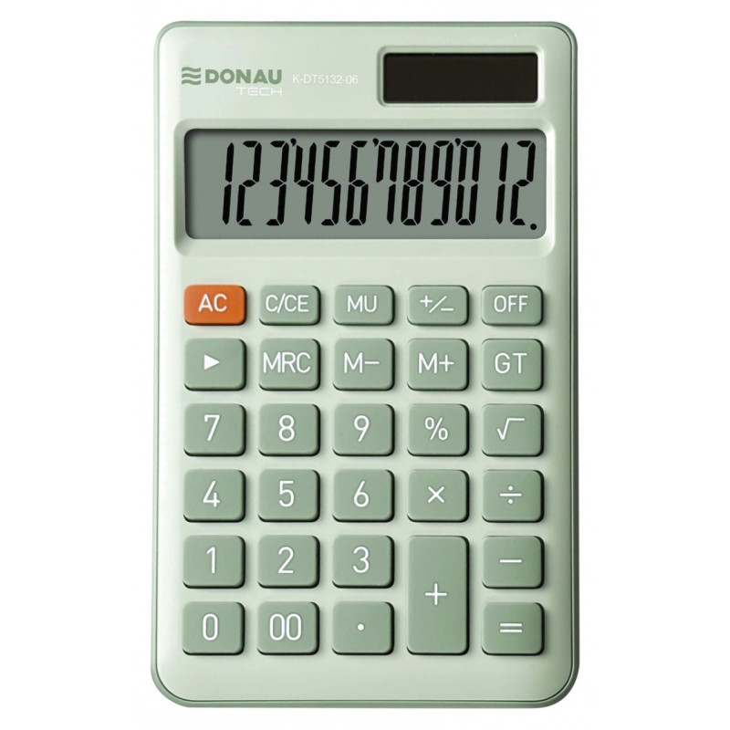 Kalkulator biurowy DONAU TECH, 12-cyfr. wyświetlacz, funkcja pierw., GT, wym. 137x84 mm, zielony