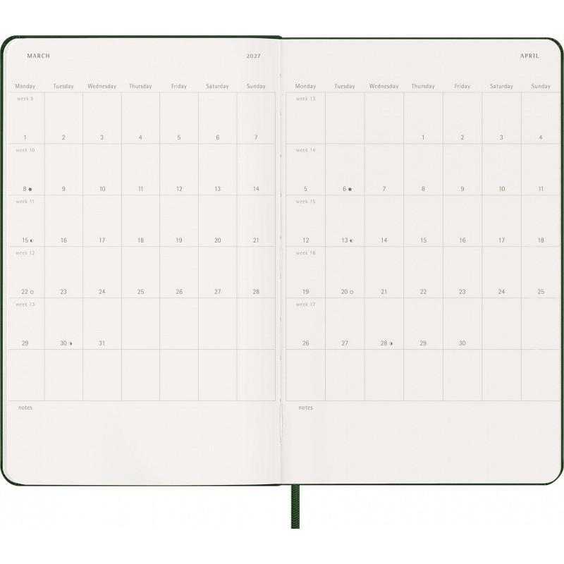 Kalendarz tygodniowy MOLESKINE 2027, 12M, L, 13x21cm, twarda oprawa, myrtle green