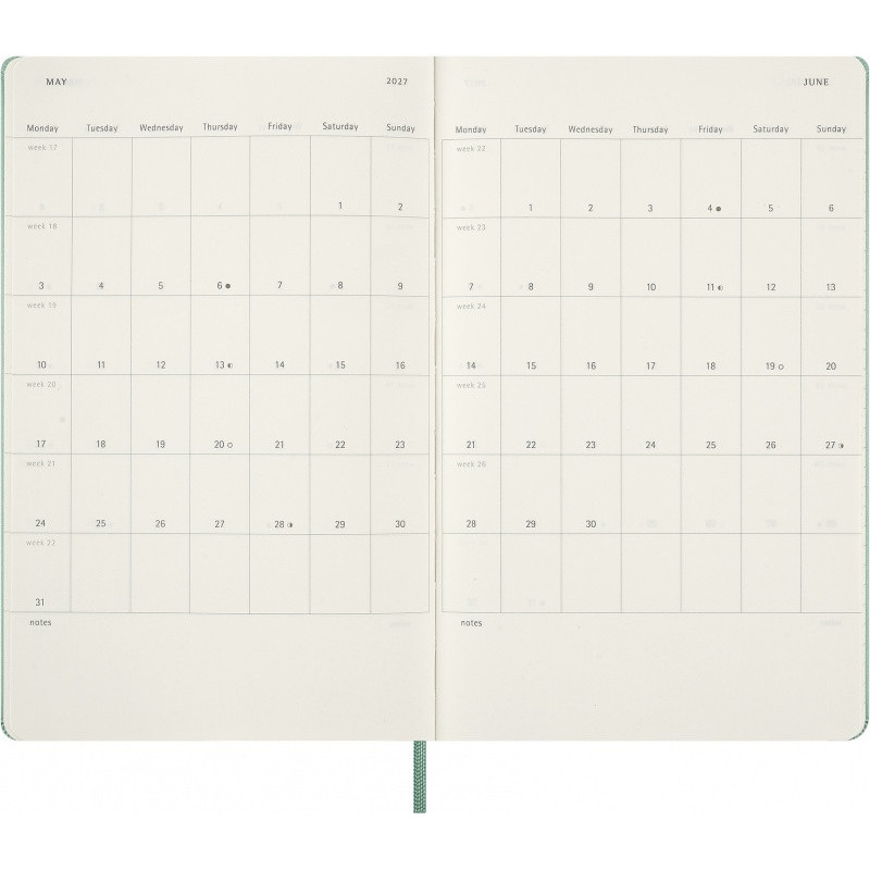 Kalendarz tygodniowy MOLESKINE 2027, 12M, L, 13x21cm, twarda oprawa, Sage Green