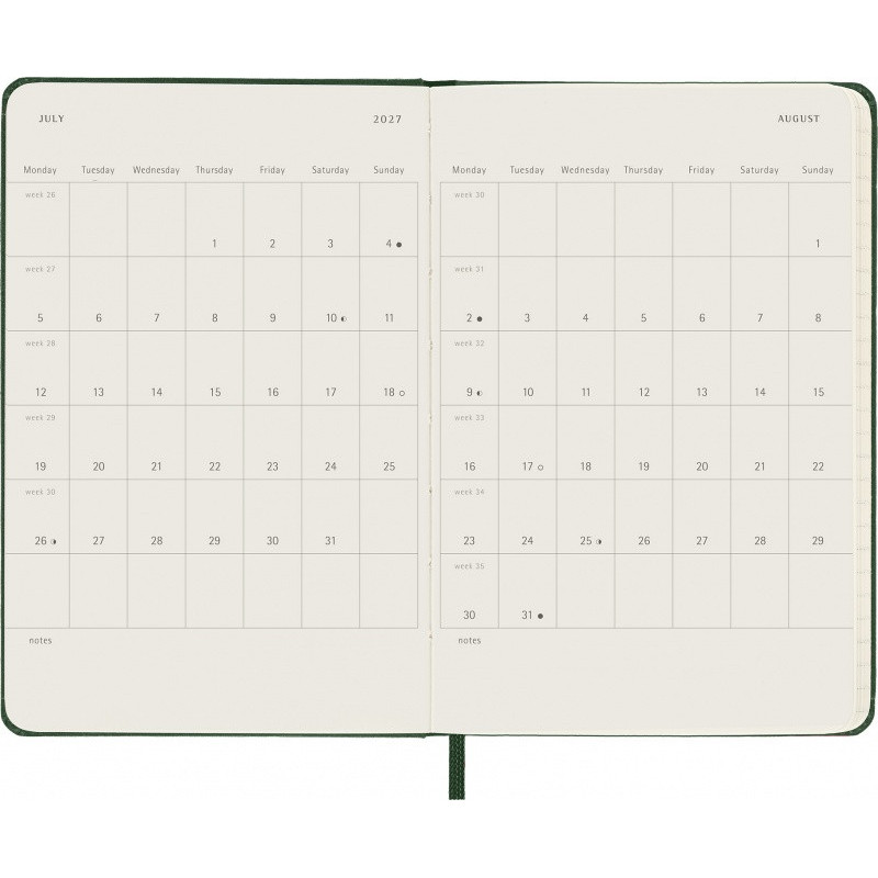Kalendarz tygodniowy MOLESKINE 2027, 12M, P, 9x14cm, twarda oprawa, myrtle green