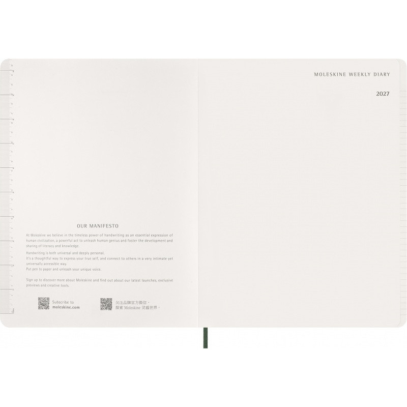 Kalendarz tygodniowy wertykalny MOLESKINE 2027, 13M, XXL, 23,5x38cm, miękka oprawa, myrtle green