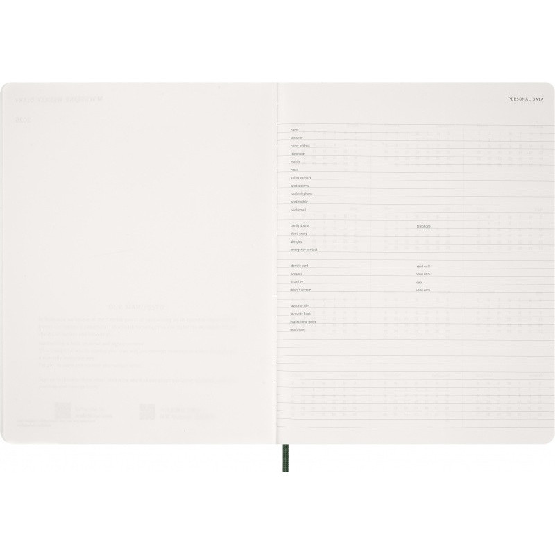 Kalendarz tygodniowy wertykalny MOLESKINE 2027, 13M, XXL, 23,5x38cm, miękka oprawa, myrtle green