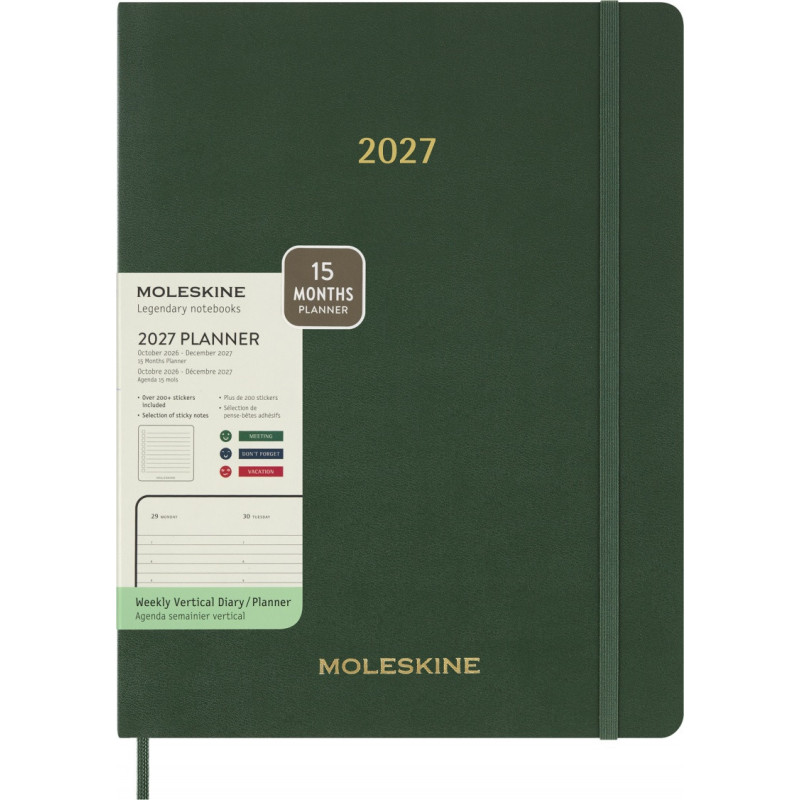 Kalendarz tygodniowy wertykalny MOLESKINE 2027, 13M, XXL, 23,5x38cm, miękka oprawa, myrtle green