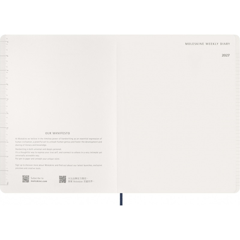Kalendarz tygodniowy wertykalny MOLESKINE 2027, 13M, XXL, 23,5x28cm, miękka oprawa, sapphire blue