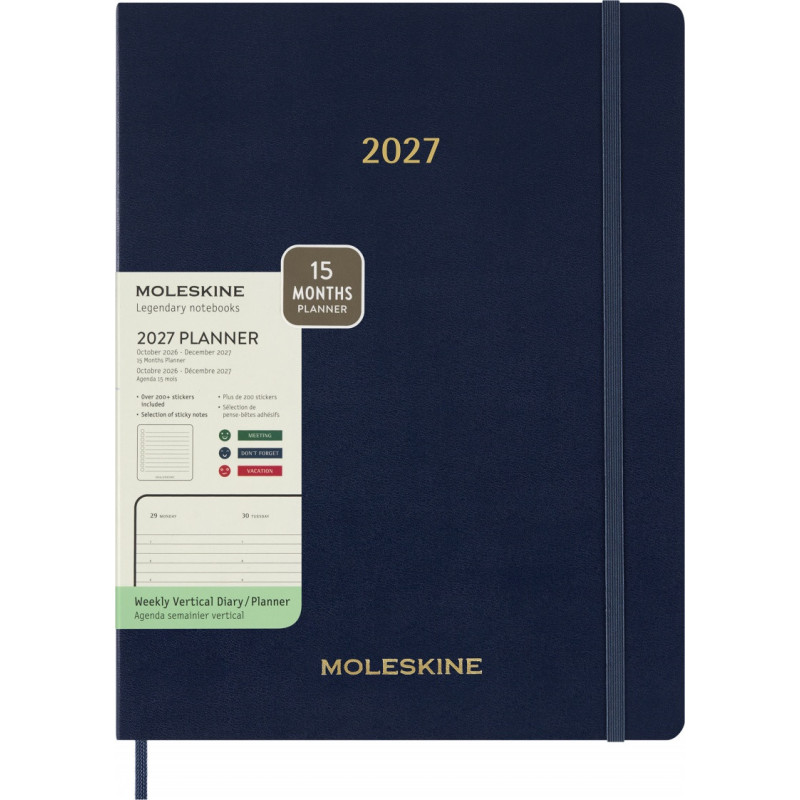 Kalendarz tygodniowy wertykalny MOLESKINE 2027, 13M, XXL, 23,5x28cm, miękka oprawa, sapphire blue