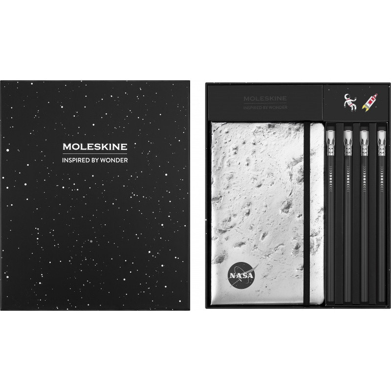 Zestaw MOLESKINE NASA: 2 przypinki + 1 notes L w linie + 4 ołówki