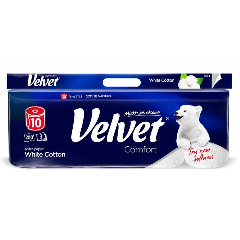 Papier toaletowy VELVET Comfort White Cotton, 3-warstwowy, 10 szt., 200 listków, biały