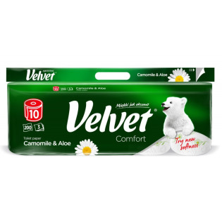 Papier toaletowy VELVET Comfort Camomile & Aloe, 3-warstwowy, 10 szt., 200 listków, biały