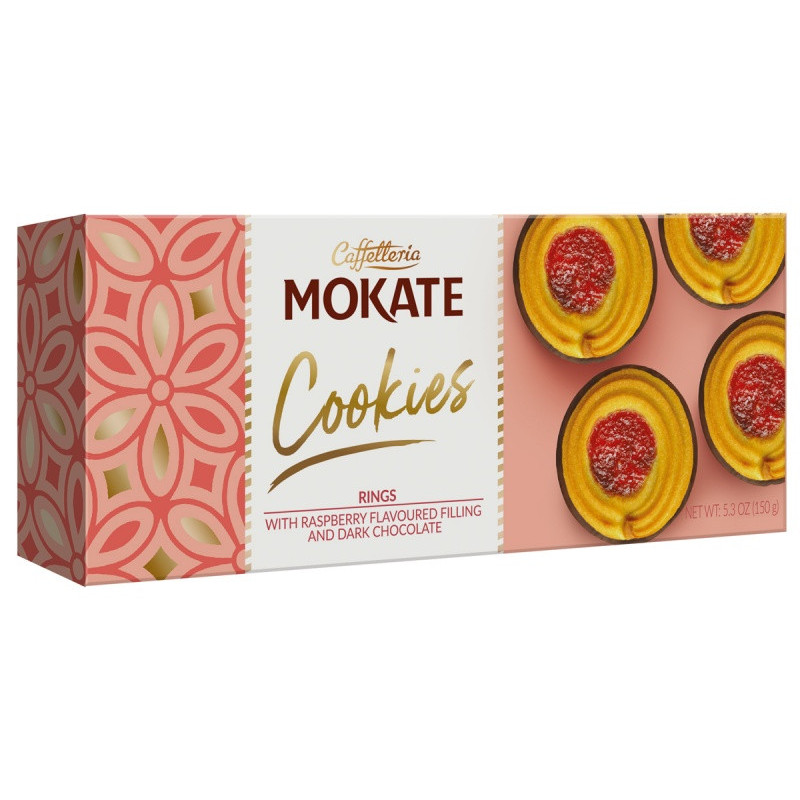 Ciastka MOKATE, ringi z nadzieniem malinowym i ciemną czekoladą, 150g
