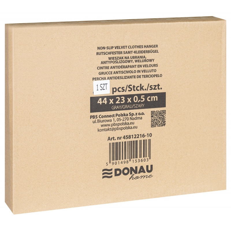 Wieszak na ubrania antypoślizgowy DONAU HOME, 44x23x0,5cm, 20 szt., szary