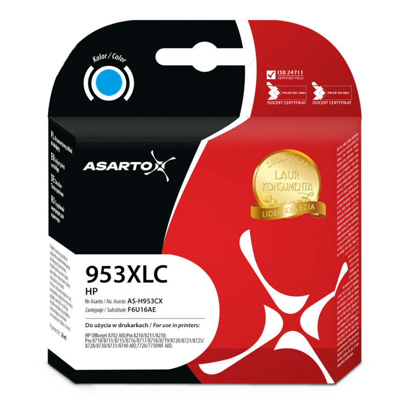 Tusz Asarto do HP 953XLC | F6U16AE | 1600 str. | cyan | REF.