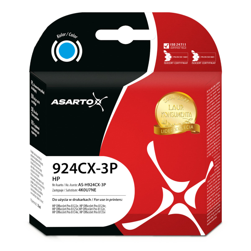 Tusz Asarto do HP 924e 3-PACK | 4K0U7NE | 924CX-3P | 3*800 str. | cyan