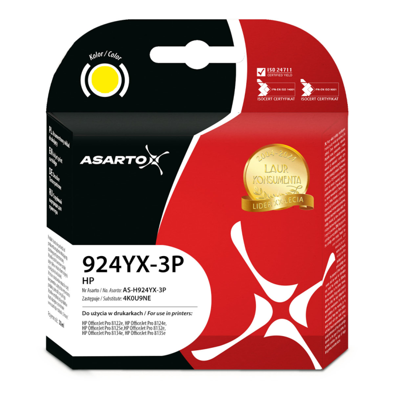 Tusz Asarto do HP 924e 3-PACK | 4K0U9NE | 924YX-3P | 3*800 str. | yellow