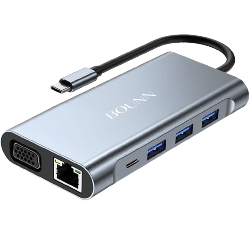 Bounn Adapter 11w1 TypeC to HDMI (4K@30Hz)+VGA+3.5mm Audio+RJ45(1000Mbps)+U