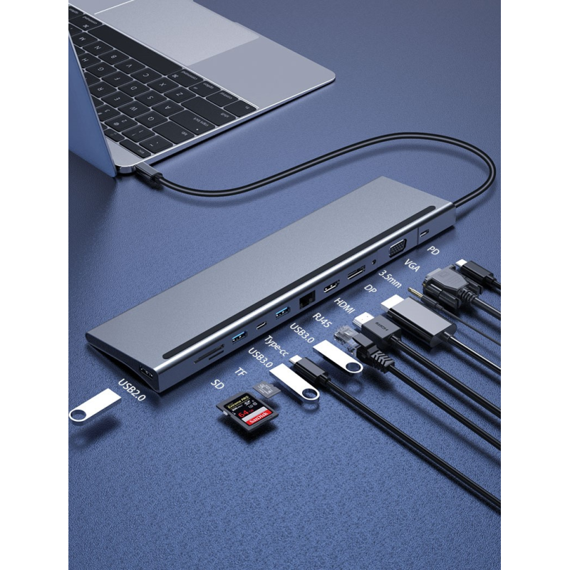 Bounn Adapter 12w1 TypeC to HDMI (4K30Hz)+DP+VGA+RJ45(1000Mbps)+USB3.0*2+US