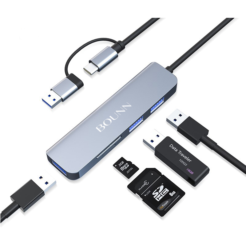 Bounn Adapter 5w2 USB/Type-C to USB3.0+USB2.0*2+SD/TF