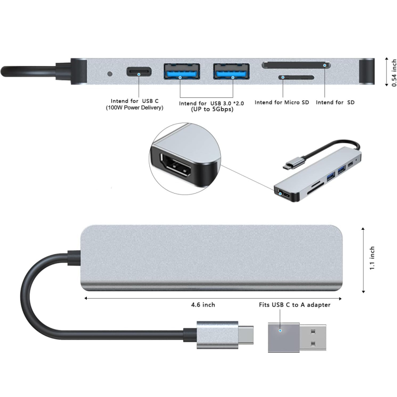 Hub 6w1 USB-C HDMI 4K30hz USB C USB3.0 USB2.0 + SD/TF