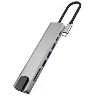 Adapter 8w1 Typ-C to HDMI +RJ45(100Mbps)+USB3.0+USB2.0+SD/TF+68W PD+U