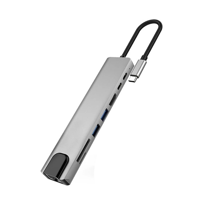 Adapter 8w1 Typ-C to HDMI +RJ45(100Mbps)+USB3.0+USB2.0+SD/TF+68W PD+U