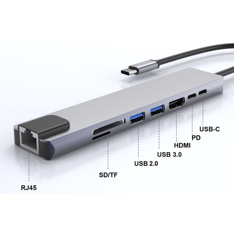 Adapter 8w1 Typ-C to HDMI +RJ45(100Mbps)+USB3.0+USB2.0+SD/TF+68W PD+U