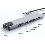 Adapter 8w1 Typ-C to HDMI +RJ45(100Mbps)+USB3.0+USB2.0+SD/TF+68W PD+U