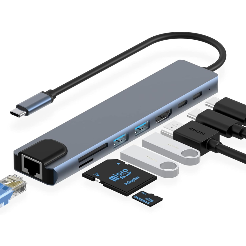 Adapter 8w1 Typ-C to HDMI +RJ45(100Mbps)+USB3.0+USB2.0+SD/TF+68W PD+U