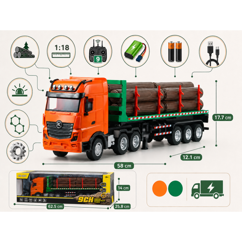 Samochód ciężarowy z naczepą do transportu drewna zdalnie sterowany 1:18 RC
