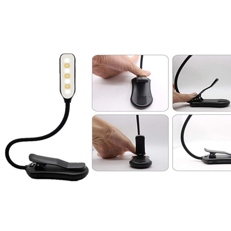 Lampka LED nocna z klipsem na książkę USB czarna