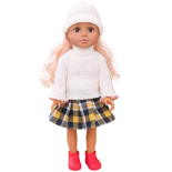Lalka modowa 46 cm Mabel w spódnicy, sweterku z golfem i z czapką